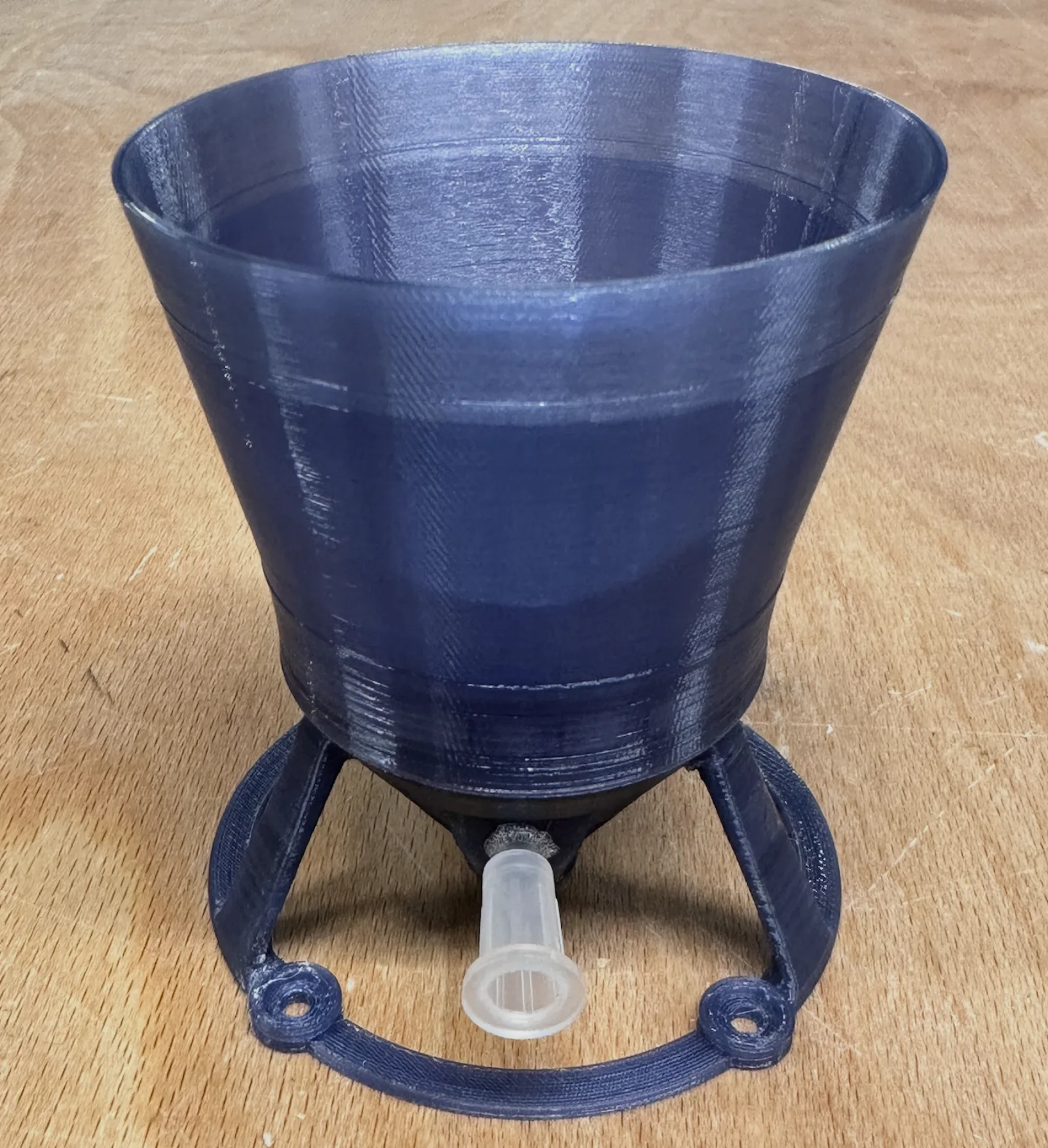 The assembled 3DPLAM manifold printed in dark blue ABS, three-quarter view.