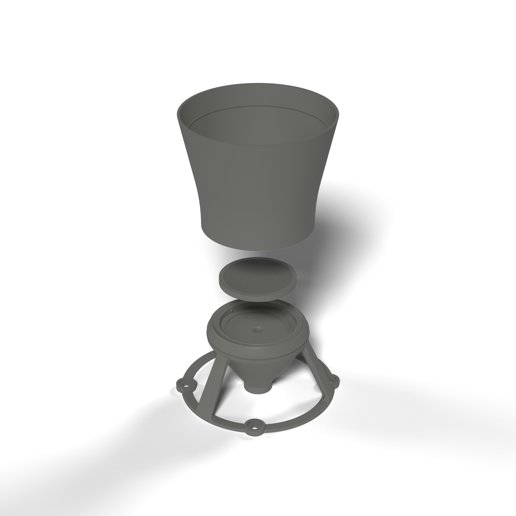 The three printed parts separated in an exploded view, showing the correct stacking order: base, filter support, funnel.