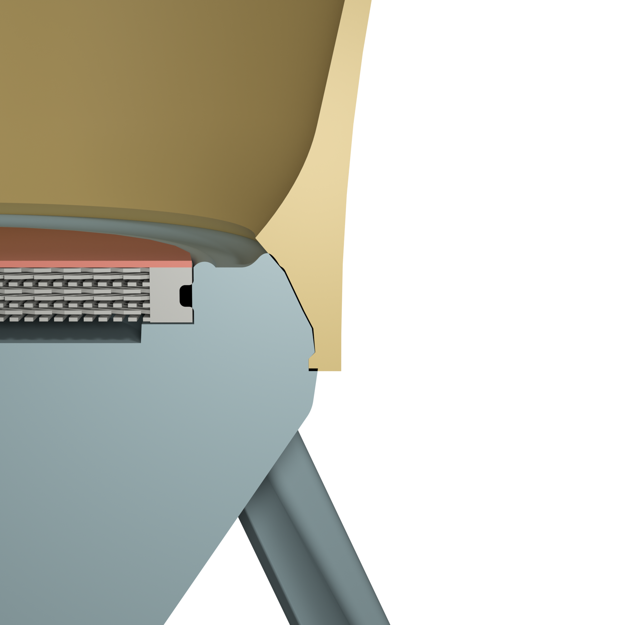 Close-up section of the sealing interface, where the membrane is clamped between the base’s raised edge and the funnel’s inner slope.