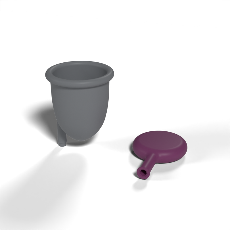 Render of the Balloon SpaceCup concept: a grey cup with a bulb pipe, and a purple flattened balloon beside it, derived from the mould cavity.