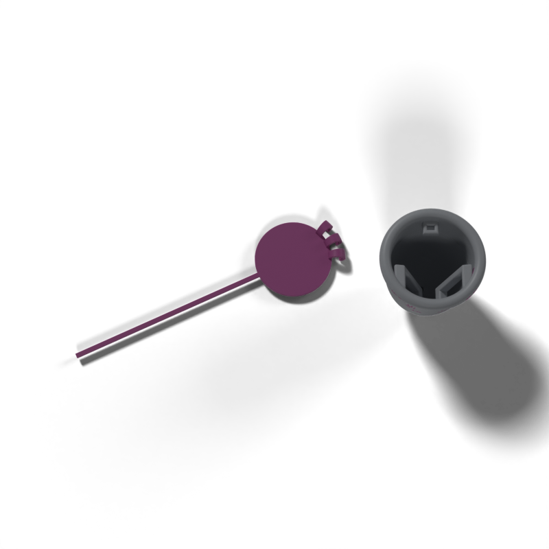 Render of the Drawstring SpaceCup concept: a grey cup seen from above beside a flat purple lid with its string.