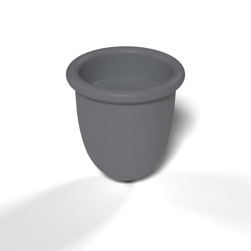 Render of the Duckbill SpaceCup concept: a grey cup body shown as its mirrored halves, with the purple duckbill valve at the centre.