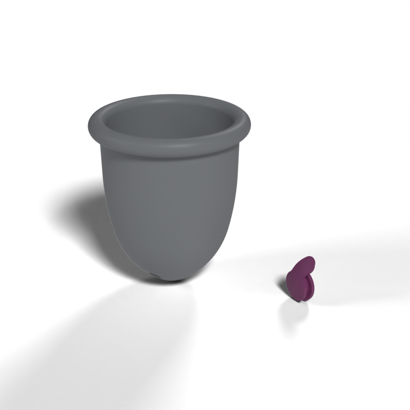 Render of the Extraction valve SpaceCup concept: a grey cup body beside the purple valve button.