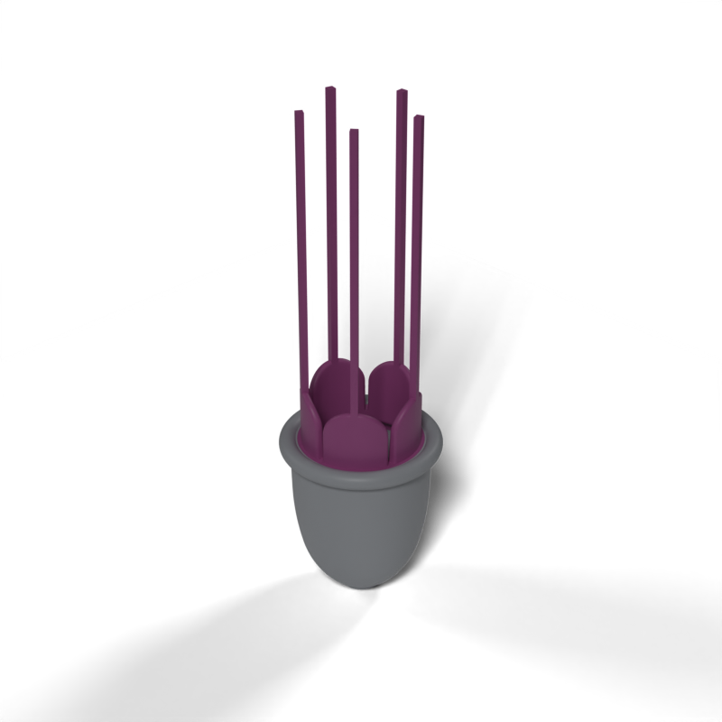 Render of the Flower High SpaceCup concept: a grey cup with purple petals and strings near the rim.