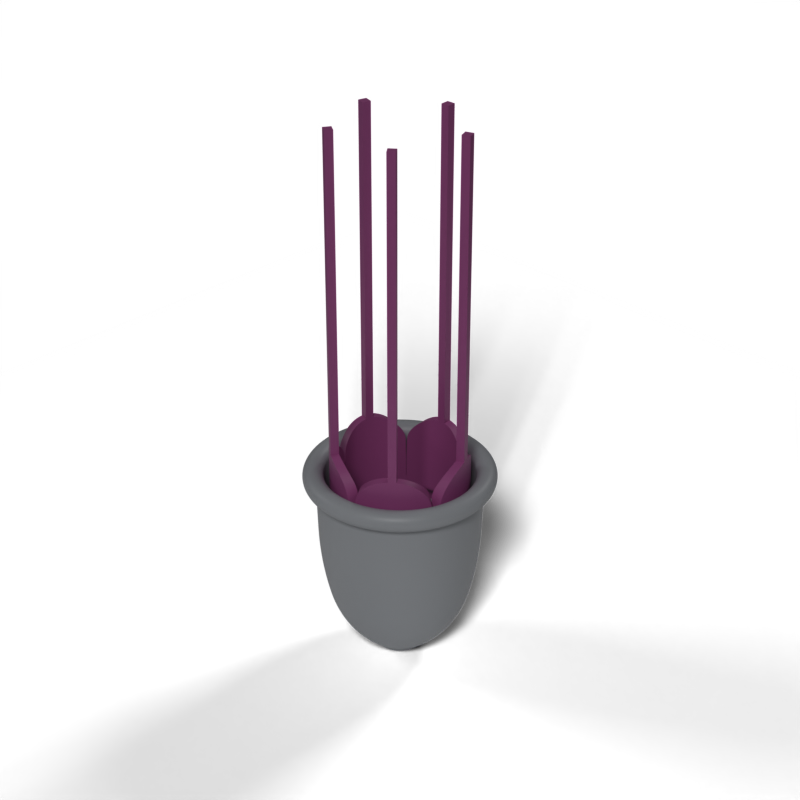 Render of the Flower Low SpaceCup concept: a grey cup with five purple petals and strings at the opening.