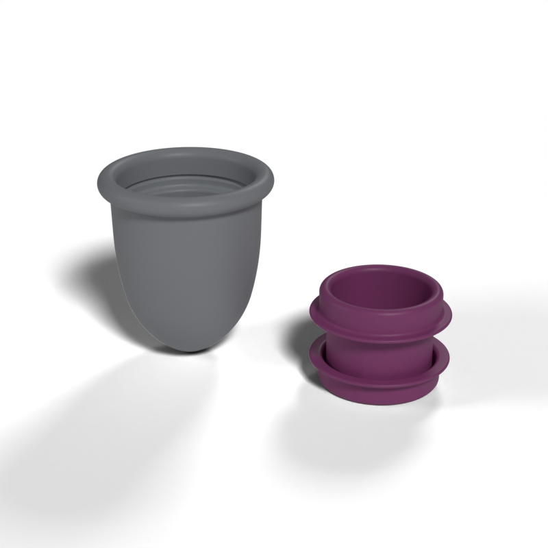 Render of the Twister SpaceCup concept: grey top and bottom cup sections beside the purple twist membrane.