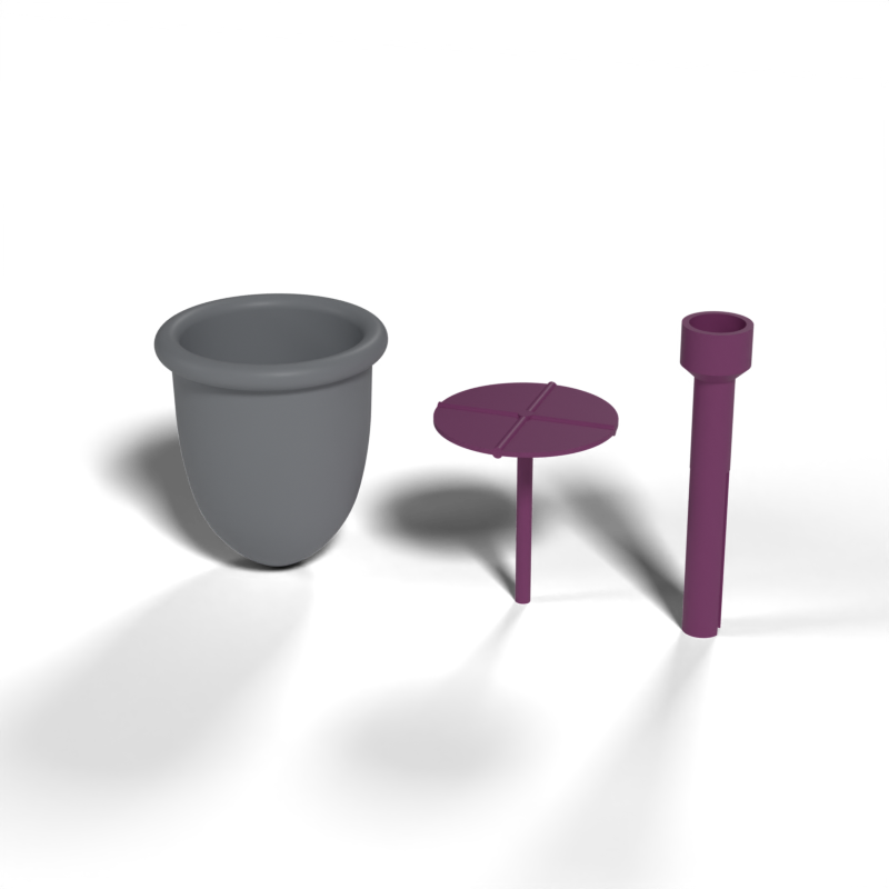 Render of the Umbrella SpaceCup concept: a grey cup body beside the purple umbrella insert and its housing.