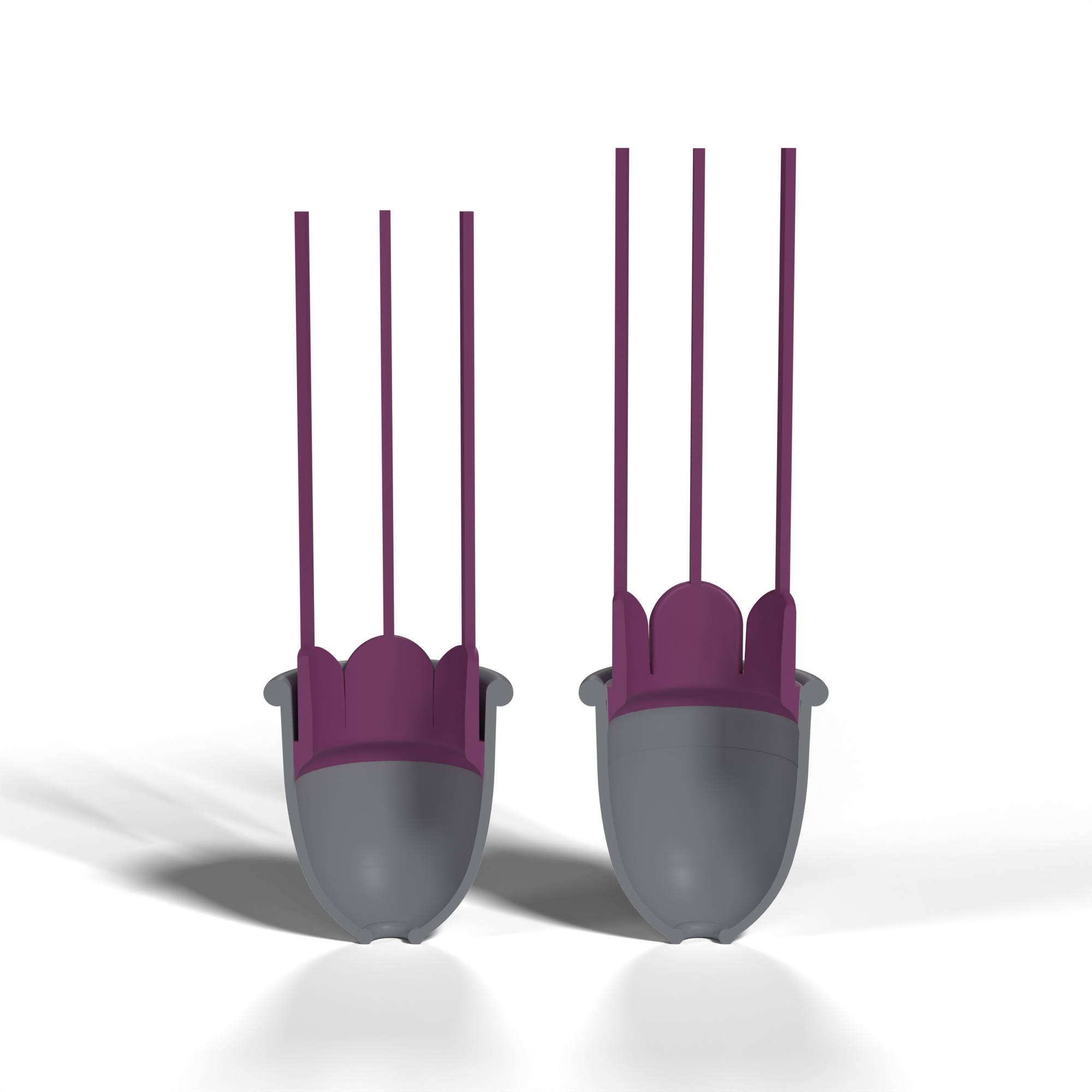 Flower Low and Flower High side by side, each cut in half through its axis: the grey cup wall in section, with the purple petals seated inside the rim and their strings, shown straight, as cast.